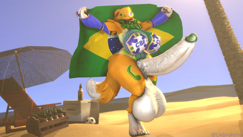 16:9 3d_(artwork) alcohol anthro ball balls bandai_namco beach beer beverage big_balls big_breasts big_butt big_penis brazil brazilian_flag breasts butt clothing digimon digimon_(species) digital_media_(artwork) flag football_(ball) genitals glowing glowing_eyes green_penis gynomorph hi_res huge_balls huge_breasts huge_butt huge_penis huge_thighs intersex legwear ok_bruh palm_tree penis plant renamon seaside solo source_filmmaker thick_thighs thigh_highs tree umbrella voluptuous_gynomorph warfare_machine widescreen