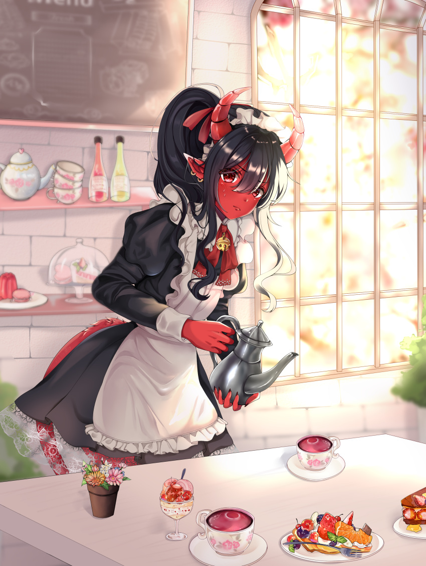 1girl absurdres apron bell black_dress black_hair breasts chalkboard closed_mouth colored_skin commentary commission cup demon_girl dress earrings english_commentary fingernails flower_pot frilled_apron frills hair_between_eyes hair_ribbon highres holding holding_teapot horns indoors isari_sensei jewelry jingle_bell juliet_sleeves long_hair long_sleeves looking_at_viewer maid maid_apron maid_headdress neckerchief original pointy_ears puffy_sleeves red_eyes red_horns red_nails red_neckerchief red_ribbon red_skin red_tail ribbon sidelocks small_breasts solo sweat table tea teacup teapot white_apron