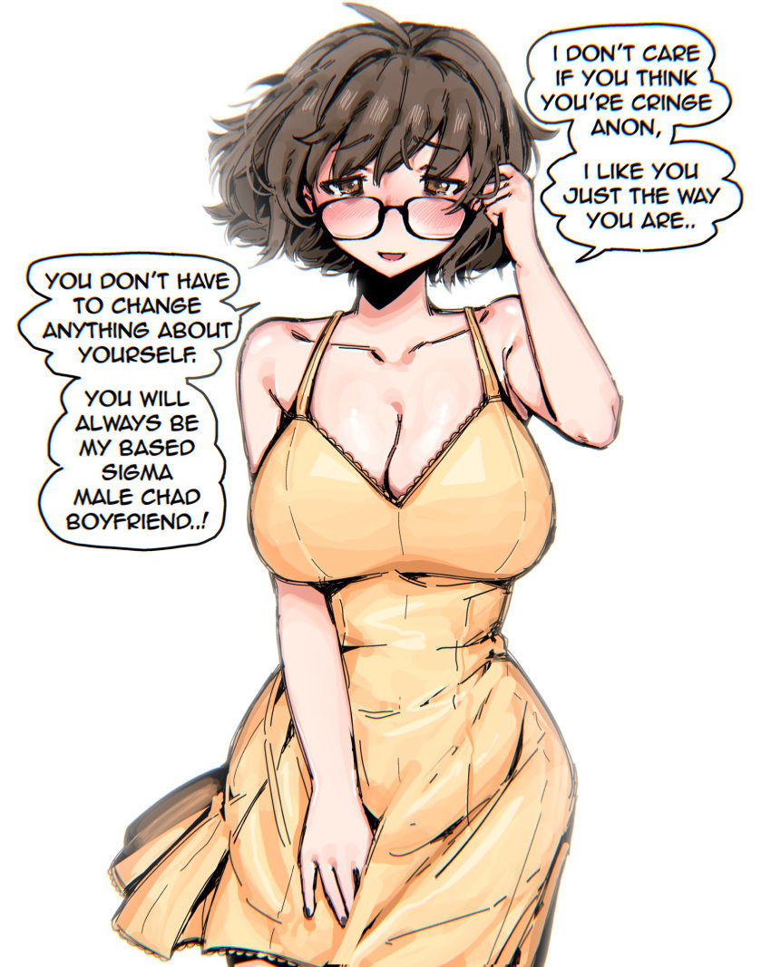 1girl :d ahoge aki_(snale) bangs bare_arms bare_shoulders blush breasts brown_eyes brown_hair cleavage collarbone cowboy_shot dress english_text glasses hand_up highres large_breasts looking_at_viewer meme open_mouth original shiny shiny_hair shiny_skin short_hair sigma_grindset_(meme) simple_background smile snale solo white_background yellow_dress