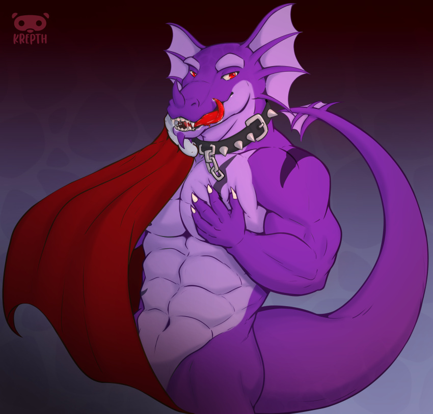 animal_humanoid anthro big_tail bodily_fluids breast_grab breasts cape chain cloak clothing collar dinosaur dragon dragon_humanoid dripping goth hand_on_breast hi_res horn humanoid krepht licking licking_lips looking_at_viewer looking_pleasured male male/male muscular muscular_male open_mouth purple_body red_eyes reptile reptile_humanoid saliva saliva_drip saliva_on_tongue salivating scalie scalie_humanoid solo spiked_collar spikes tongue tongue_out