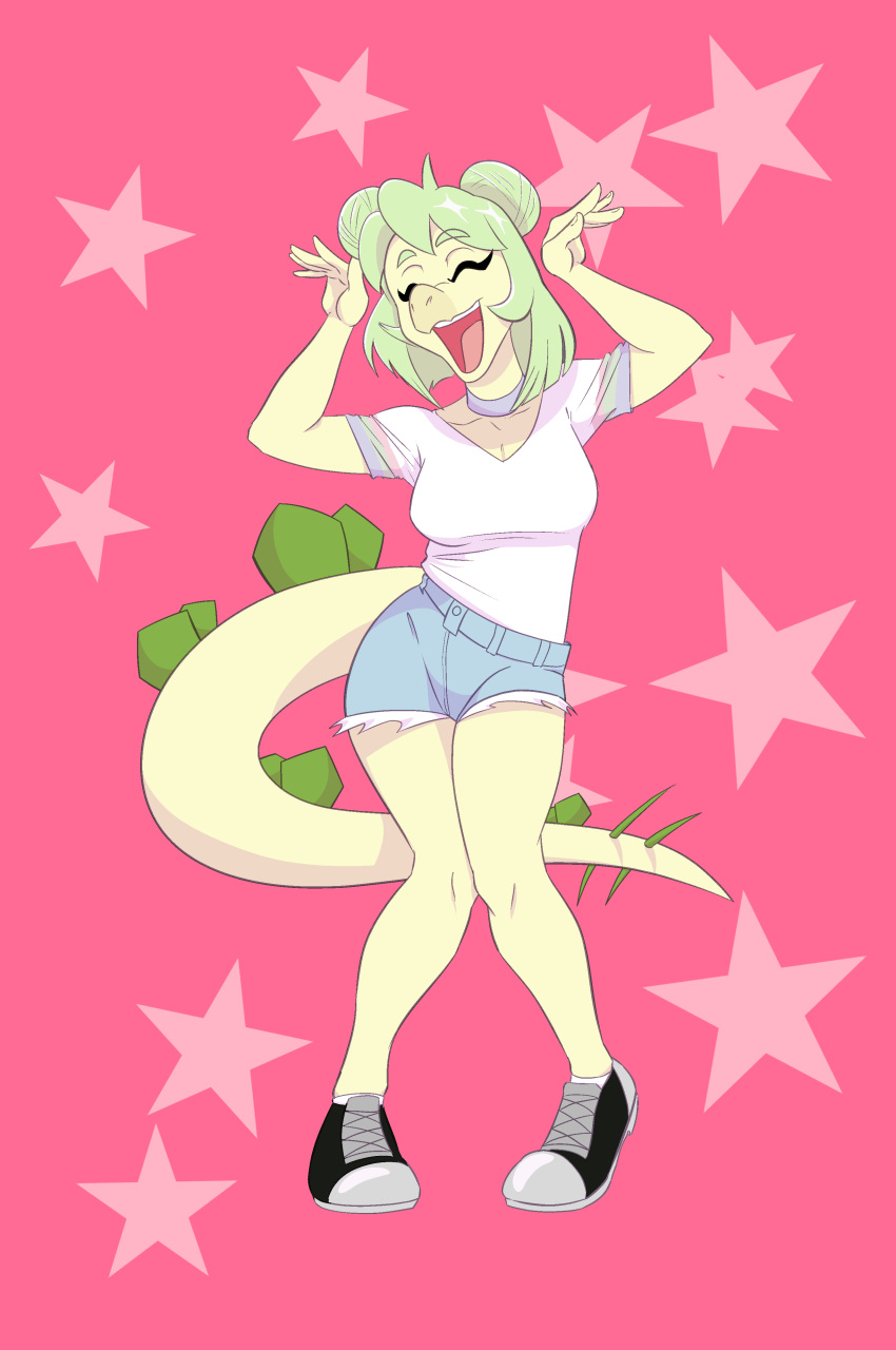 absurd_res anthro bottomwear clothed clothing cutoffs denim denim_clothing dinosaur eyes_closed female goodbye_volcano_high green_hair hair heartsick hi_res long_tail open_mouth ornithischian pose reptile scalie shorts simple_background smile smiling_at_viewer snoot_game_(fan_game) solo spiked_tail spikes spikes_(anatomy) stegosaurian stegosaurus stella_(gvh) thick_thighs thyreophoran video_games yellow_body
