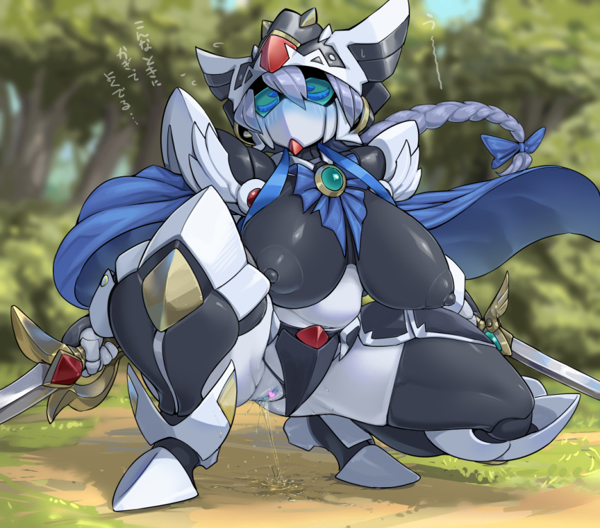 1girl android black_panties black_thighhighs blue_bow blue_cape blue_eyes bow braid breasts cape character_request closed_eyes clothing_aside colored_sclera copyright_request covered_nipples crop_top day dual_wielding embarrassed facing_viewer flying_sweatdrops forest green_sclera grey_hair gundam hair_bow helmet holding holding_sword holding_weapon huge_breasts impossible_clothes joints micro_panties nature navel no_mouth outdoors panties panties_aside peeing plump pochincoff robot robot_joints sd_gundam solo squatting sword thighhighs translation_request underwear weapon