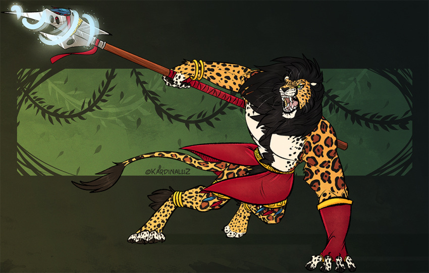 anthro artist_name black_mane black_nose black_spots bodily_fluids brown_spots chest_tuft clothed clothing fangs felid full-length_portrait fur holding_object holding_spear holding_weapon kardinaluz leg_tuft male mammal mane melee_weapon muscular muscular_anthro muscular_male open_mouth pink_tongue polearm portrait saliva saliva_string shadowwolfhunter simple_background solo spear spots spotted_body spotted_fur spotted_legs tail_tuft tongue topless tuft weapon