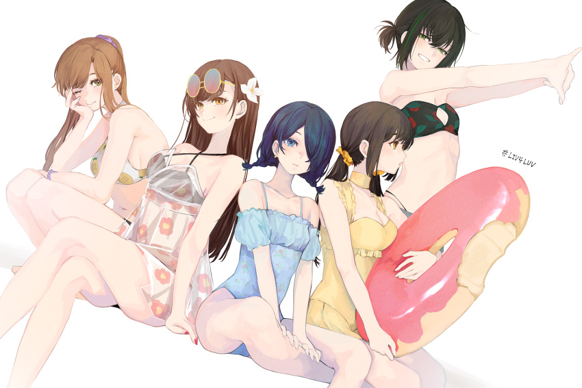 5girls 8root5 asymmetrical_hair bangs black_hair blue_hair bracelet braid brown_hair crossed_legs doughnut earrings enogu flexing floral_print flower food glasses green_eyes green_hair hair_flower hair_ornament hair_over_one_eye highres hinata_nao_(iwamotochou_geinousha) innertube iwamotochou_geinousha jewelry kurihara_sakurako long_hair multicolored_hair multiple_girls nail_polish natsume_haru pineapple_print ponytail see-through shirafuji_tamaki sitting squatting sun suzuki_anzu swimsuit twin_braids twintails virtual_youtuber wrist_cuffs yellow_eyes