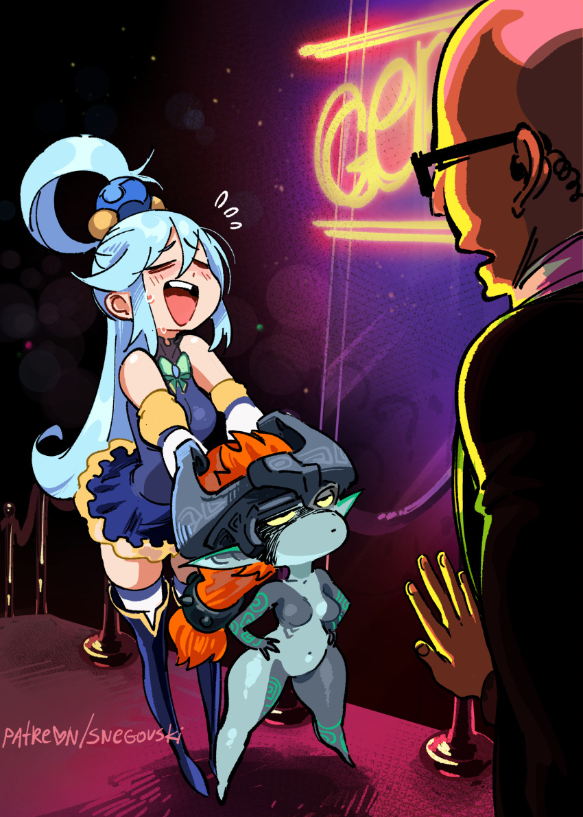 1boy 2girls absurdres aqua_(konosuba) bald bare_shoulders blue_hair blush breasts closed_eyes colored_skin crossover flying_sweatdrops highres kono_subarashii_sekai_ni_shukufuku_wo! long_hair midna multicolored_skin multiple_girls open_mouth orange_hair pointy_ears shortstack sidelocks single_hair_ring smile snegovski standing the_legend_of_zelda thighhighs