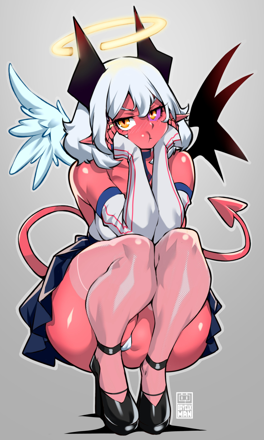1girl absurdres angel ass bare_shoulders bayeuxman black_wings breasts broken_halo colored_sclera colored_skin demon_girl demon_tail detached_sleeves halo hands_on_own_cheeks hands_on_own_face high_heels highres horns looking_at_viewer medium_hair mismatched_sclera monster_girl orange_eyes original panties pointy_ears pout purple_sclera red_skin skirt slit_pupils solo tail thighhighs underwear white_hair white_wings wings