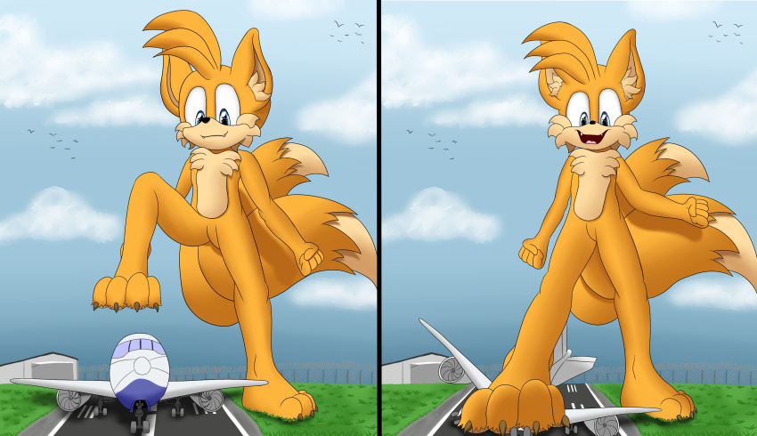 2_tails absurd_res aircraft airfield airplane anthro blue_eyes canid canine claws destruction fangs foot_crush fox foxkai fur hi_res macro male mammal miles_prower multi_tail orange_body orange_fur runway sega solo sonic_the_hedgehog_(series) tan_body tan_fur