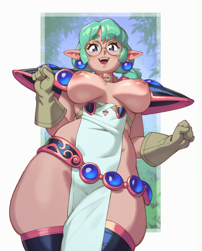 1girl absurdres armor bangs blush breasts covered_navel earrings glasses gloves green_hair highres jewelry large_breasts lips long_hair looking_at_viewer navel nipples original pauldrons pointy_ears riz round_eyewear shoulder_armor smile solo thick_eyebrows thick_thighs thighhighs thighs yellow-framed_eyewear