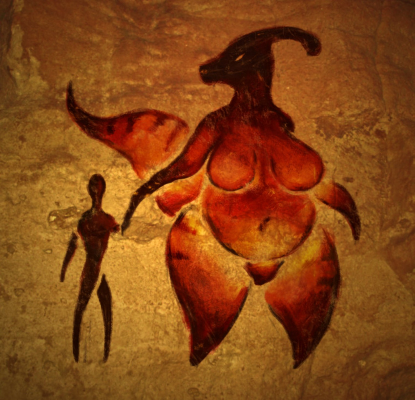 ambiguous_gender anthro belly big_belly big_breasts breasts cave_painting digital_media_(artwork) dinosaur duo female hand_holding hi_res human larger_female mammal mature_female navel non-mammal_breasts nude orange_body overweight reptile scalie side_by_side size_difference thick_thighs upai wide_hips