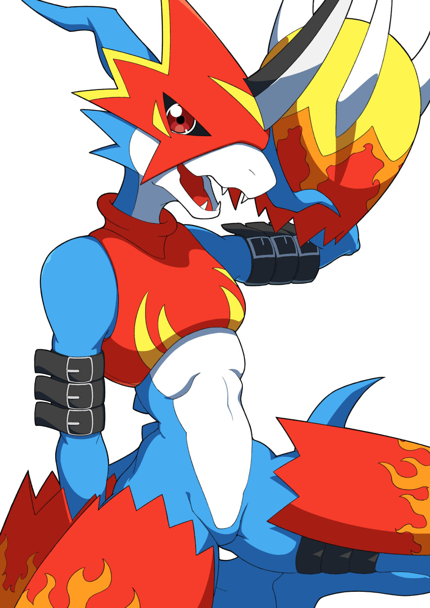 absurd_res anthro armor athletic athletic_anthro athletic_male bandai_namco belt blue_body digimon digimon_(species) flamedramon hi_res horn male red_eyes sasaki_sue small_waist solo