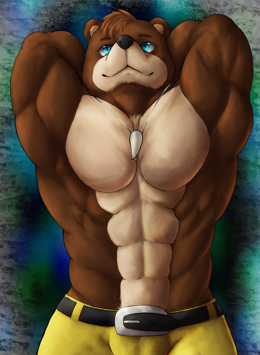 2021 abs absurd_res anthro athletic athletic_anthro athletic_male banjo-kazooie banjo_(banjo-kazooie) belt black_nose bottomwear brown_bear brown_body brown_fur chibikoma clothed clothing digital_media_(artwork) fur hands_behind_head hi_res jewelry male mammal multicolored_body multicolored_fur muscular muscular_anthro muscular_male necklace pants pecs rareware smile solo tan_body tan_fur tooth_necklace topless topless_anthro topless_male two_tone_body two_tone_fur ursid ursine video_games yellow_bottomwear yellow_clothing yellow_pants