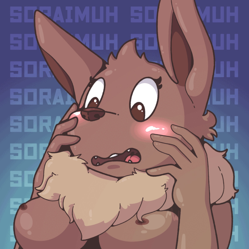 animated anthro blush bodily_fluids breasts cum cum_on_breasts eevee female generation_1_pokemon genital_fluids hi_res nintendo nude pokemon pokemon_(species) solo soraimuh video_games