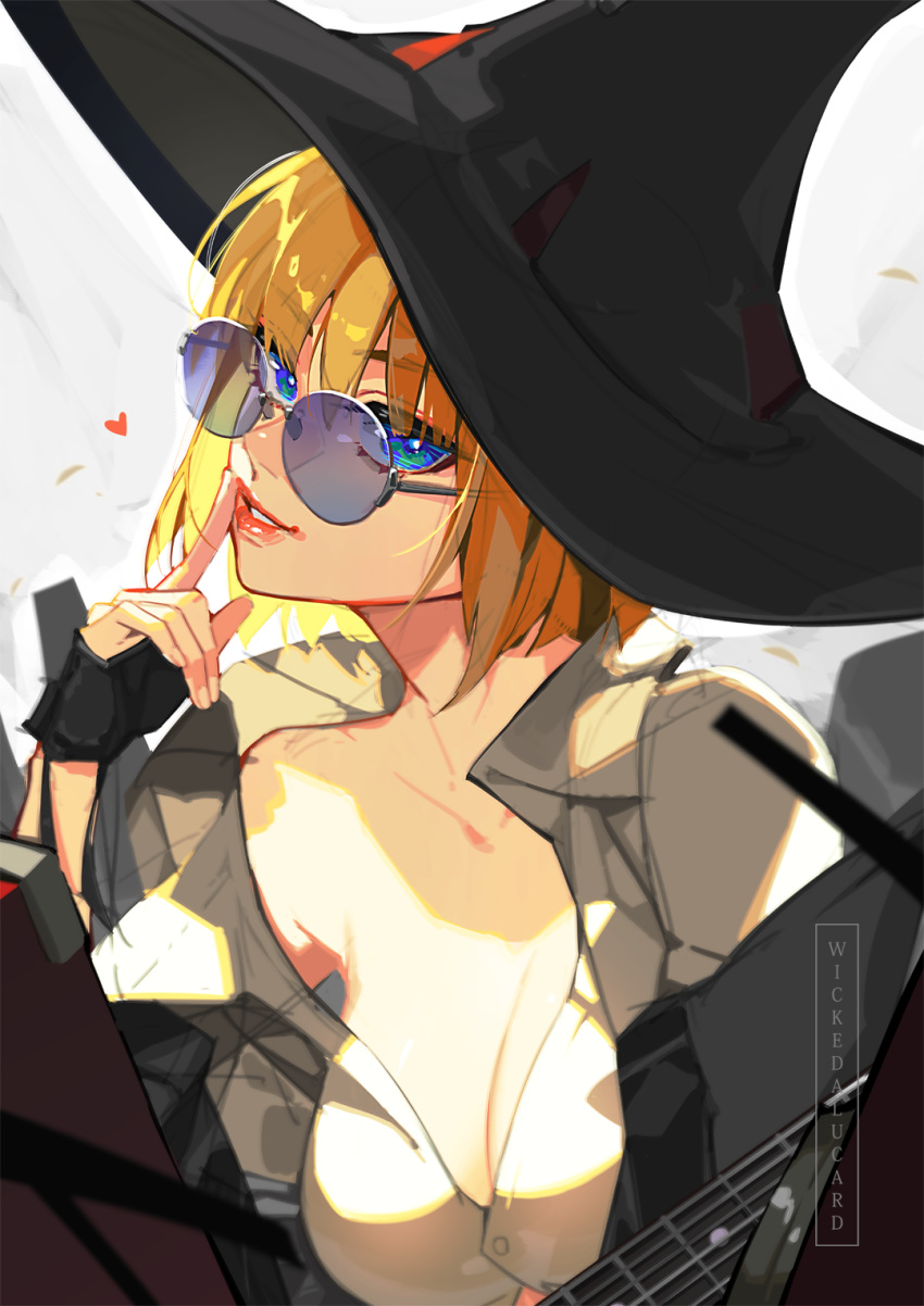 1girl alternate_hair_color black_gloves blonde_hair blue_hair breasts cleavage collarbone finger_to_mouth gloves guilty_gear hat highres i-no ian_olympia looking_at_viewer off_shoulder open_mouth red_lips short_hair sunglasses witch_hat