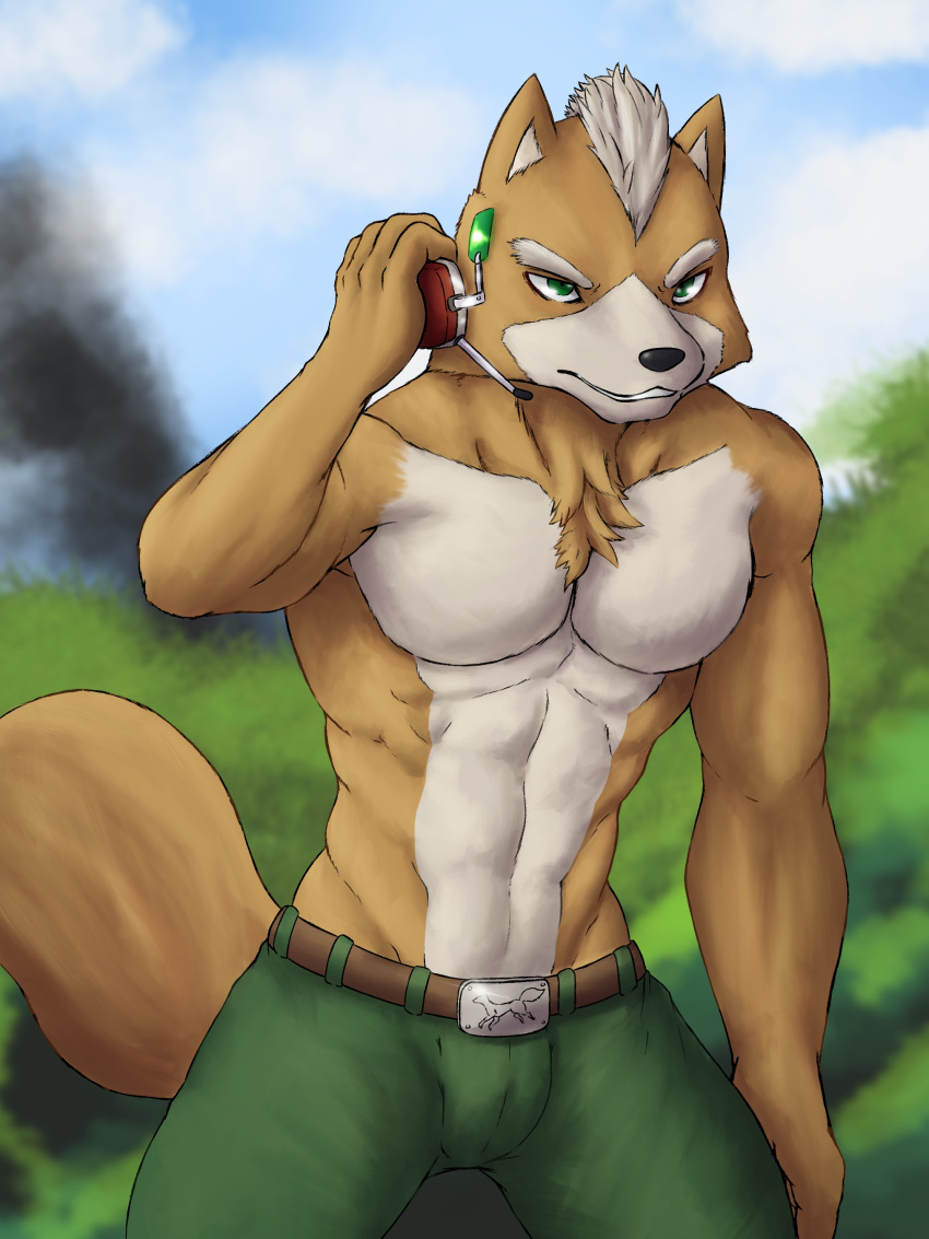 2021 3:4 5_fingers abs absurd_res anthro athletic athletic_anthro athletic_male belt black_nose bottomwear canid canine chest_tuft chibikoma clothed clothing digital_media_(artwork) fingers fox fox_mccloud fur hair headgear headphones headset hi_res holding_headset humanoid_hands male mammal multicolored_body multicolored_fur nature navel nintendo orange_body orange_fur outside pants pecs smoke solo star_fox topless topless_anthro topless_male tuft two_tone_body two_tone_fur video_games white_body white_fur white_hair