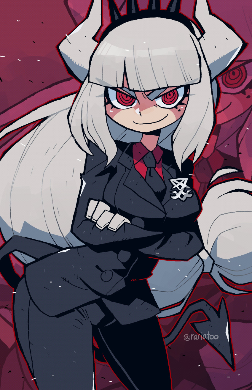 1girl absurdres arm_under_breasts black_jacket black_pants breasts business_suit cropped_legs crown demon_girl formal full_body gloves helltaker highres jacket large_breasts long_hair lucifer_(helltaker) pants rariatto_(ganguri) red_background red_shirt shirt simple_background solo standing suit twitter_username white_hair zoom_layer