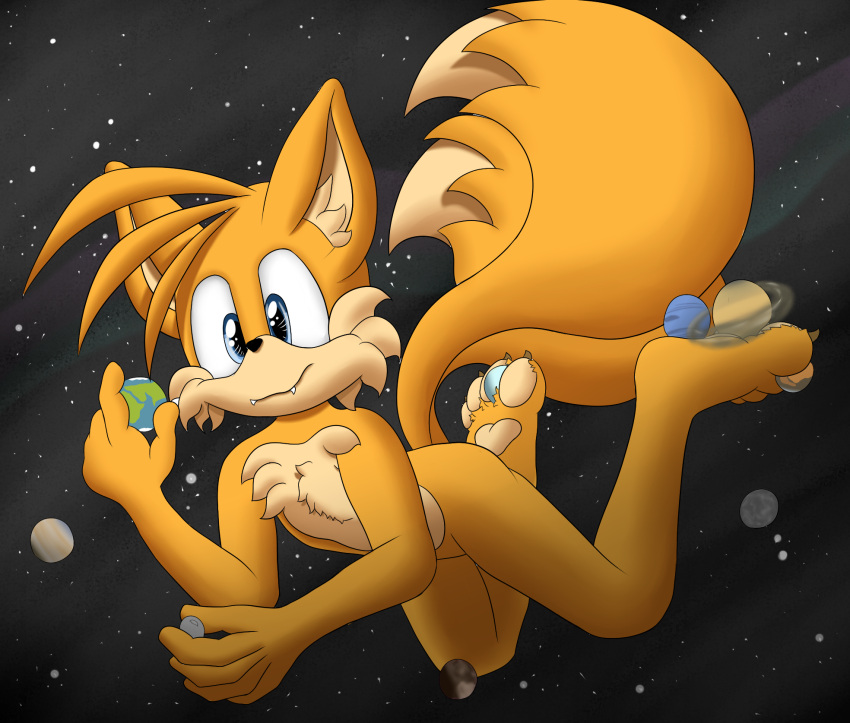 2_tails anthro blue_eyes canid canine claws earth fangs fox foxkai fur hi_res jupiter_(planet) macro male mammal mars_(planet) mercury_(planet) miles_prower moon multi_tail neptune_(planet) orange_body orange_fur pawpads paws planet saturn_(planet) sega solar_system solo sonic_the_hedgehog_(series) space tan_body tan_fur uranus_(planet) venus_(planet)