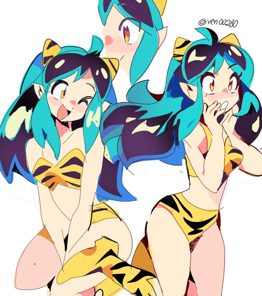 1girl animal_print aqua_hair bangs bare_shoulders bikini blue_eyes blush boots bra breasts cleavage clenched_teeth cowboy_shot feet_out_of_frame full_body highres horns long_hair looking_at_another looking_at_viewer looking_to_the_side lum medium_breasts midriff multicolored_hair navel one_eye_closed oni oni_horns open_mouth panties pointy_ears print_footwear simple_background smile solo strapless strapless_bikini swimsuit teeth thick_eyelashes tiger_print twitter_username two-tone_hair underwear urusei_yatsura watermark white_background yellow_eyes yen0028