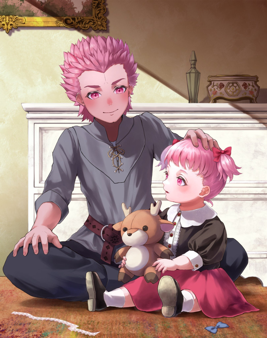 1boy 1girl aged_down black_shirt brother_and_sister crossed_legs fire_emblem fire_emblem:_three_houses fire_emblem_warriors:_three_hopes hair_ribbon headpat highres hilda_valentine_goneril holding holding_stuffed_toy holst_sigiswald_goneril looking_at_another luiana_drawers miran_(olivine_20) on_floor parted_lips pink_eyes pink_hair pink_skirt ribbon shirt short_twintails siblings sitting skirt smile spiked_hair stuffed_animal stuffed_deer stuffed_toy twintails