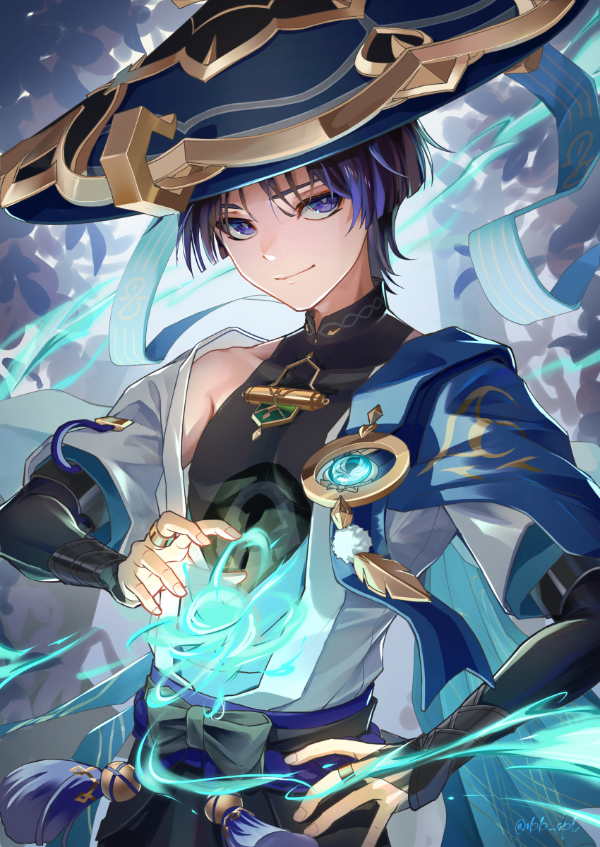 1boy absurdres bare_shoulders bibi_(obb_spl) black_bodysuit blue_eyes blue_hair blue_headwear bodysuit closed_mouth fingerless_gloves genshin_impact gloves half-closed_eyes hat highres jewelry looking_at_viewer open_clothes scaramouche_(genshin_impact) smile solo vision_(genshin_impact) wanderer_(genshin_impact)