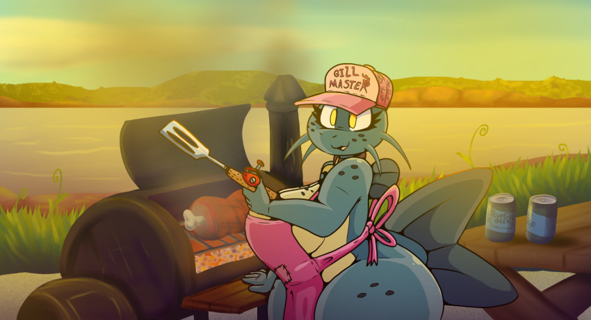 5_fingers alcohol anthro apron apron_only beer beverage big_breasts big_butt blue_body blue_scales breasts butt can catfish clothing container cooking eyelashes female fin fingers fish food freckles grass grill hat headgear headwear hi_res huge_breasts huge_hips huge_thighs iguanasarecool kate_fish_sinker marine meat mostly_nude outside plant scales short_stack slightly_chubby spatula thick_thighs tools water whiskers wide_hips yellow_eyes