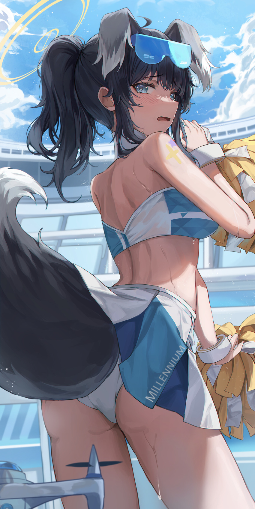 1girl 2gong_(9ujin_) absurdres ahoge animal_ears ass back bare_arms bare_back bare_shoulders black_hair blue_archive blue_eyes blue_sky blush breasts cheerleader cloud crop_top day dog_ears dog_girl dog_tail embarrassed goggles goggles_on_head hibiki_(blue_archive) hibiki_(cheerleader)_(blue_archive) highres holding holding_pom_poms long_hair looking_at_viewer medium_breasts miniskirt official_alternate_costume open_mouth outdoors panties pleated_skirt pom_pom_(cheerleading) ponytail raised_eyebrows skirt sky solo stadium star_sticker sweat tail tearing_up thighs underwear wet white_panties