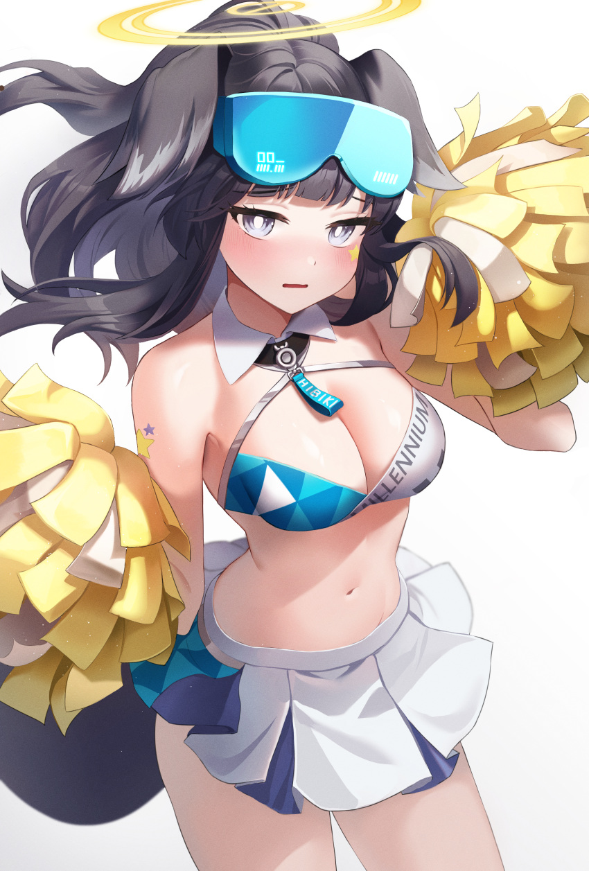 1girl absurdres animal_ears bare_shoulders black_hair blue_archive blush breasts bright_pupils character_name cheerleader cleavage collar cowboy_shot criss-cross_halter crop_top dog_ears dog_girl dog_tail eyewear_on_head facial_mark goggles goggles_on_head halo halterneck hands_up hibiki_(blue_archive) hibiki_(cheerleader)_(blue_archive) highres holding holding_pom_poms long_hair looking_at_viewer medium_breasts miniskirt name_tag navel official_alternate_costume parted_lips pleated_skirt pom_pom_(cheerleading) ponytail raised_eyebrows shant_07 simple_background skirt solo star_(symbol) star_facial_mark star_sticker stomach tail thighs wavy_mouth white_background white_collar white_pupils white_skirt