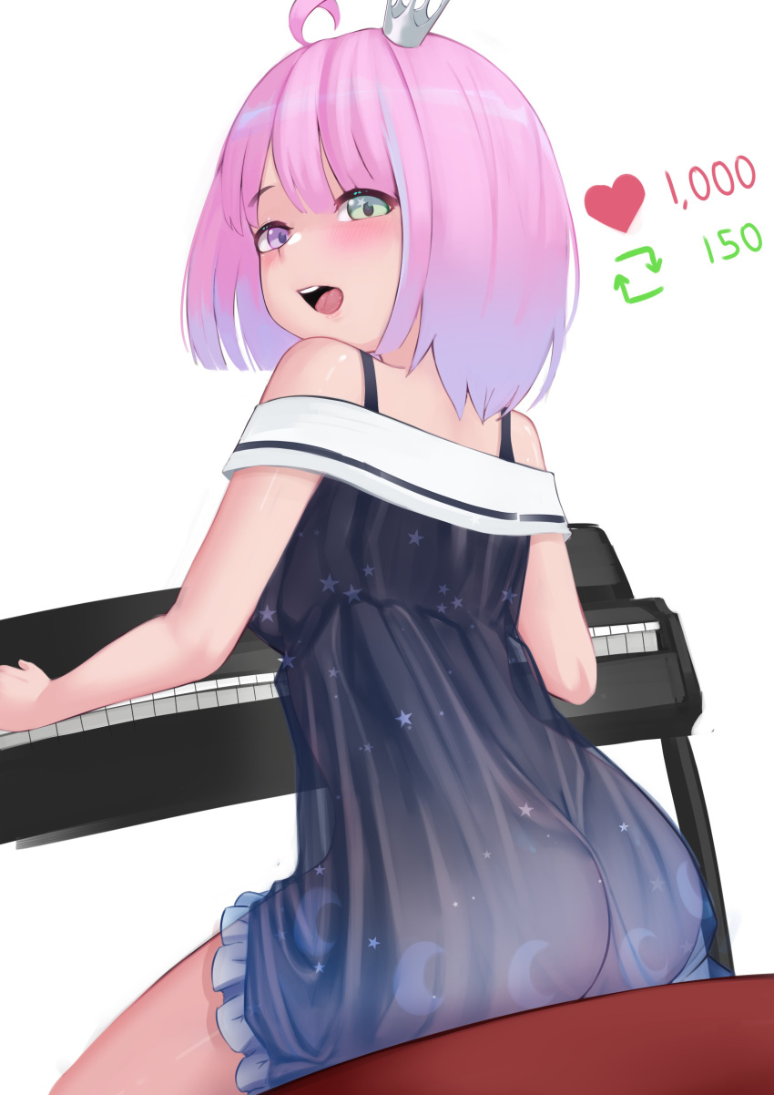 1girl absurdres ahoge ass bare_shoulders blush butt_crack cloverse6 crown dress dutch_angle english_commentary from_behind from_below green_eyes heterochromia highres himemori_luna hololive instrument licking_lips looking_at_viewer mini_crown music official_alternate_costume open_mouth piano piano_bench playing_instrument playing_piano purple_eyes purple_hair see-through see-through_dress short_hair sitting sleeveless sleeveless_dress solo tongue tongue_out twitter twitter_strip_game virtual_youtuber