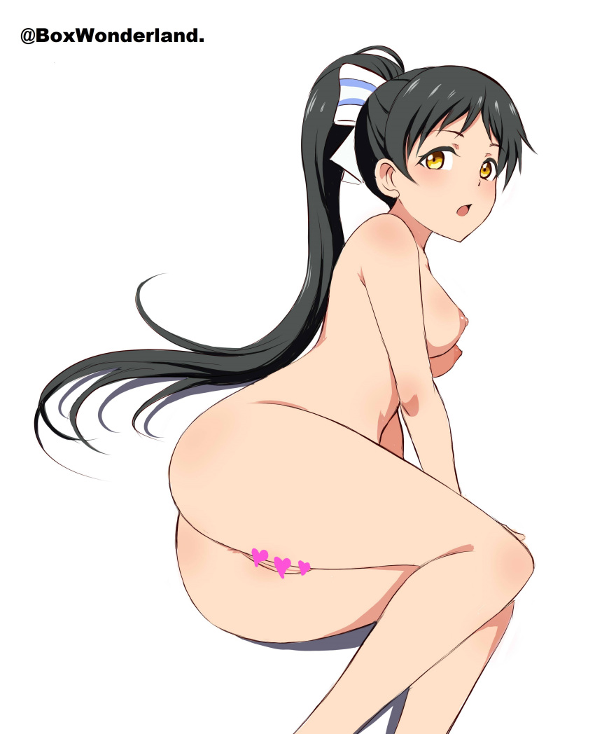 1girl absurdres angel_gabriel. ass black_hair breasts censored completely_nude hazuki_ren heart heart_censor highres long_hair looking_at_viewer love_live! love_live!_superstar!! lying medium_breasts nipples nude on_side open_mouth ponytail pussy simple_background solo twitter_username white_background yellow_eyes