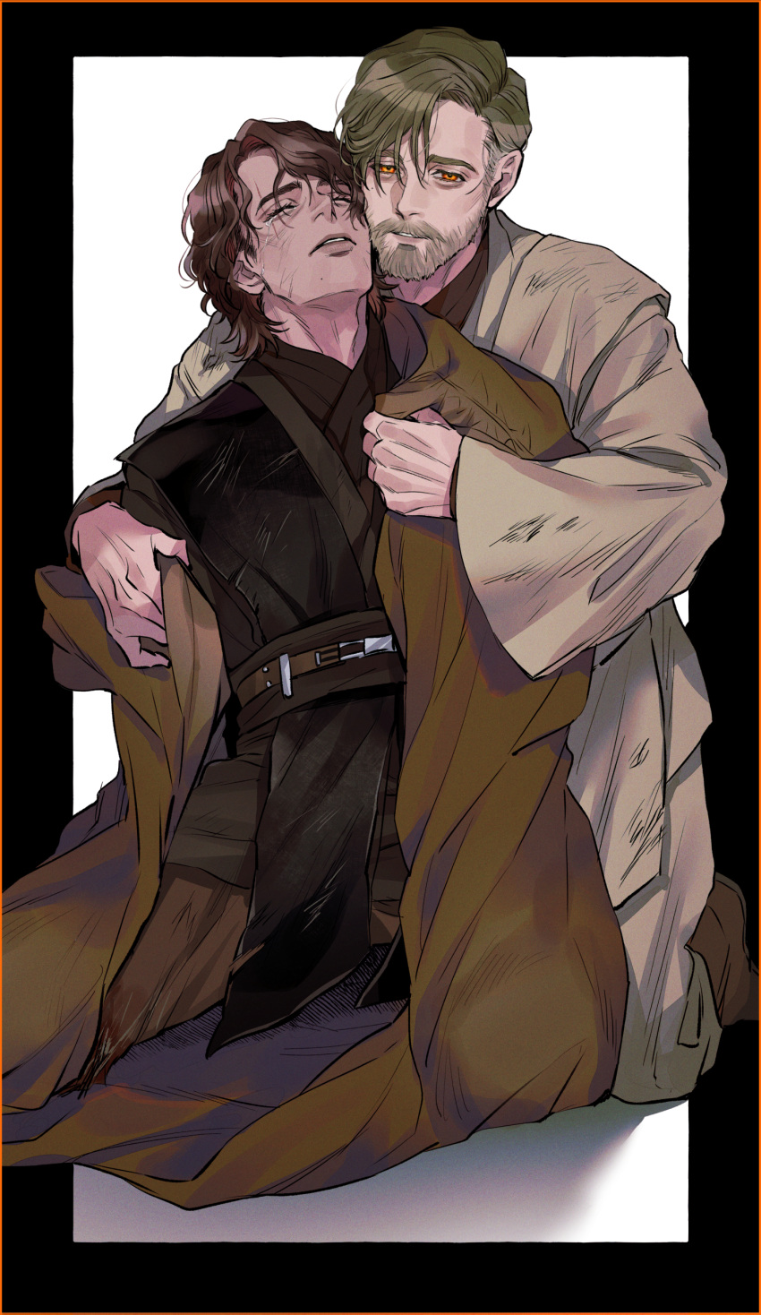 2boys absurdres anakin_skywalker beard belt blonde_hair brown_belt brown_footwear facial_hair highres lips multiple_boys obi-wan_kenobi pensan scar scar_across_eye sith star_wars star_wars:_revenge_of_the_sith tears yaoi