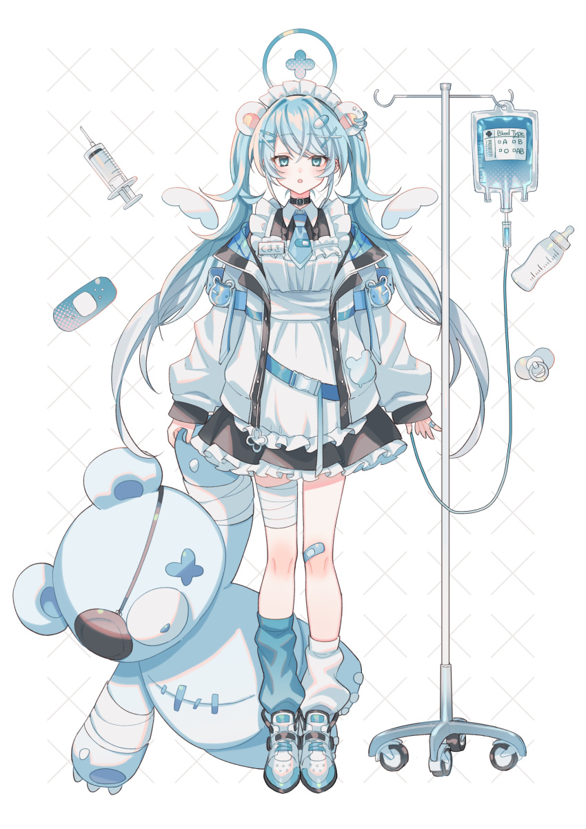 absurdres animal_ears baby_bottle bandages blue_eyes blue_necktie bottle dress highres holding holding_stuffed_toy intravenous_drip jacket kneehighs maid mouse_ears necktie needle open_clothes open_jacket original pacifier socks stuffed_animal stuffed_toy suzaku_(zaku6584) teddy_bear