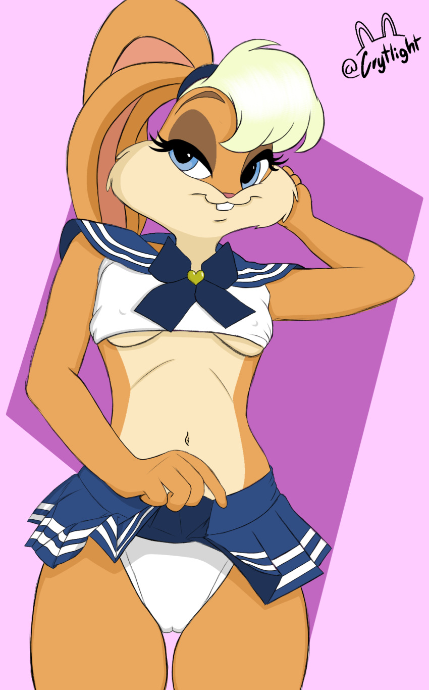 blonde_hair blue_eyes clothing crytlight female female/female hair hi_res humanoid lagomorph leporid lola_bunny looking_at_viewer looney_tunes mammal rabbit sailor_suit solo underwear warner_brothers