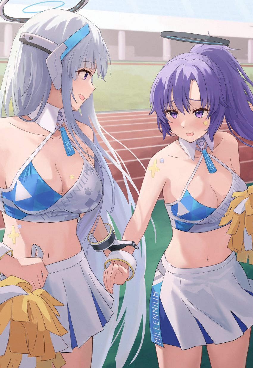 2girls absurdres alternate_costume bangs bare_shoulders blue_archive blush breasts character_name cheerleader cleavage collarbone commentary_request cosplay cowboy_shot crop_top day detached_collar gloves hair_between_eyes hair_ornament halo hand_grab hibiki_(blue_archive) hibiki_(blue_archive)_(cosplay) hibiki_(cheerleader)_(blue_archive) highres holding holding_pom_poms long_hair looking_at_another medium_breasts multiple_girls namiyamako navel noa_(blue_archive) open_mouth outdoors pleated_skirt pom_pom_(cheerleading) ponytail purple_eyes purple_hair running_track shirt sidelocks single_glove skirt sleeveless sleeveless_shirt standing star_sticker sticker_on_arm sticker_on_face stomach two-tone_skirt white_hair white_skirt yuuka_(blue_archive)