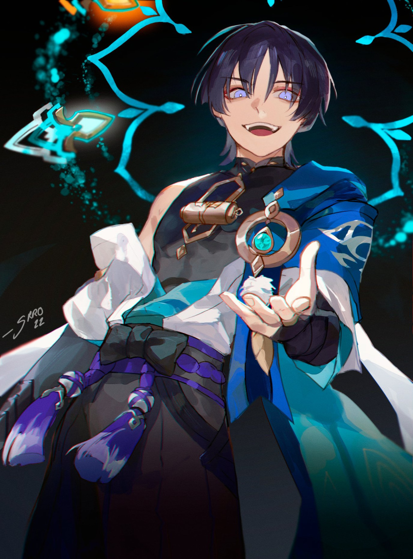 1boy armor bishounen black_bow black_hair black_shirt bow bright_pupils cowboy_shot fingernails from_below genshin_impact hair_between_eyes highres japanese_armor japanese_clothes male_focus open_mouth scaramouche_(genshin_impact) shirt short_hair solo srro_yo teeth upper_teeth vision_(genshin_impact) wanderer_(genshin_impact) white_pupils