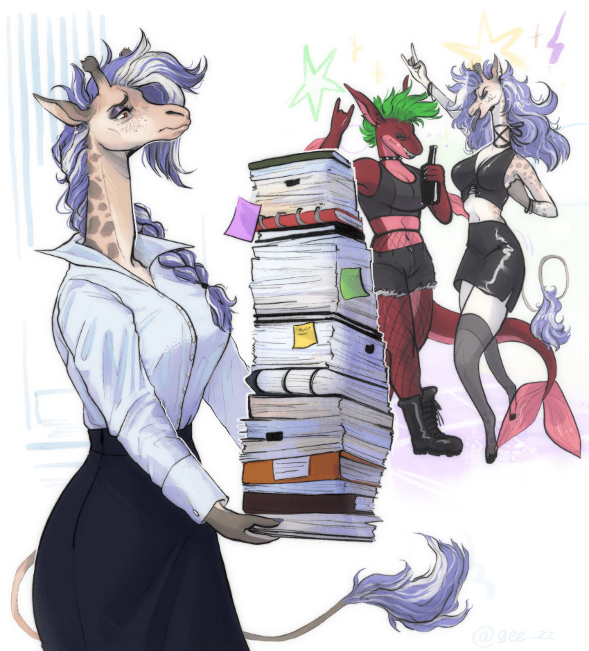2022 anthro clothed clothing collar devil_horns_(gesture) duo female fish geeswest gesture giraffe giraffid goth green_hair hair hand_gesture hi_res long_neck mammal marine ponytail punk purple_hair shark simple_background spiked_collar spikes tongue tongue_out