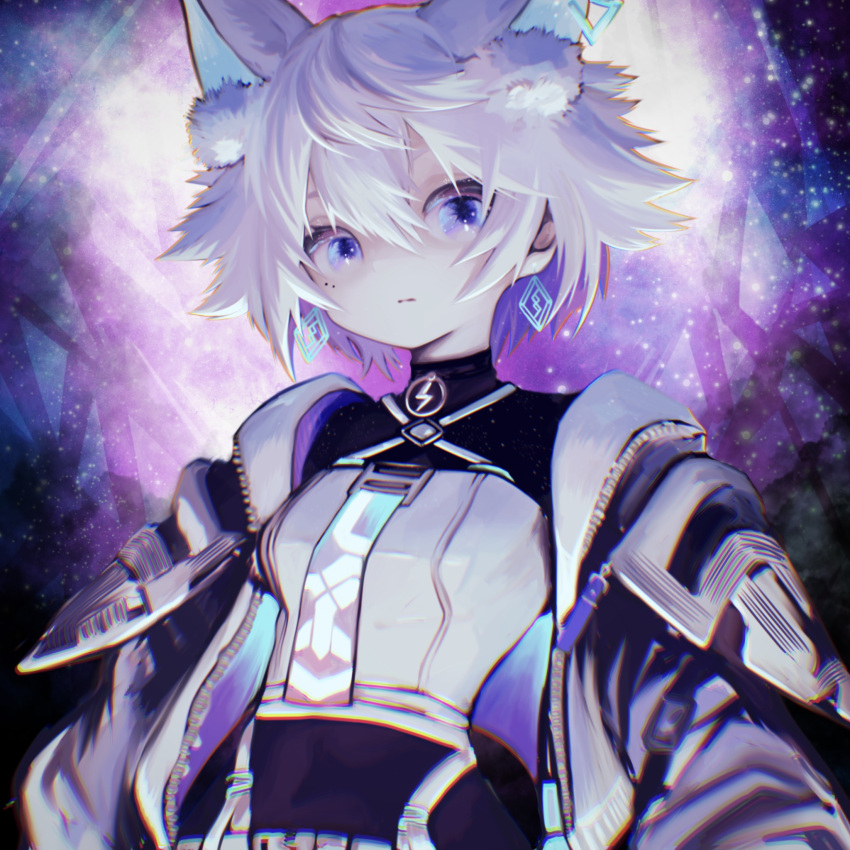 1girl animal_ears cevio closed_mouth coko_(cevio) earrings expressionless extra_ears high_collar highres jacket jacket_partially_removed jewelry long_hair looking_at_viewer nonopace purple_eyes short_hair skin_tight solo white_hair