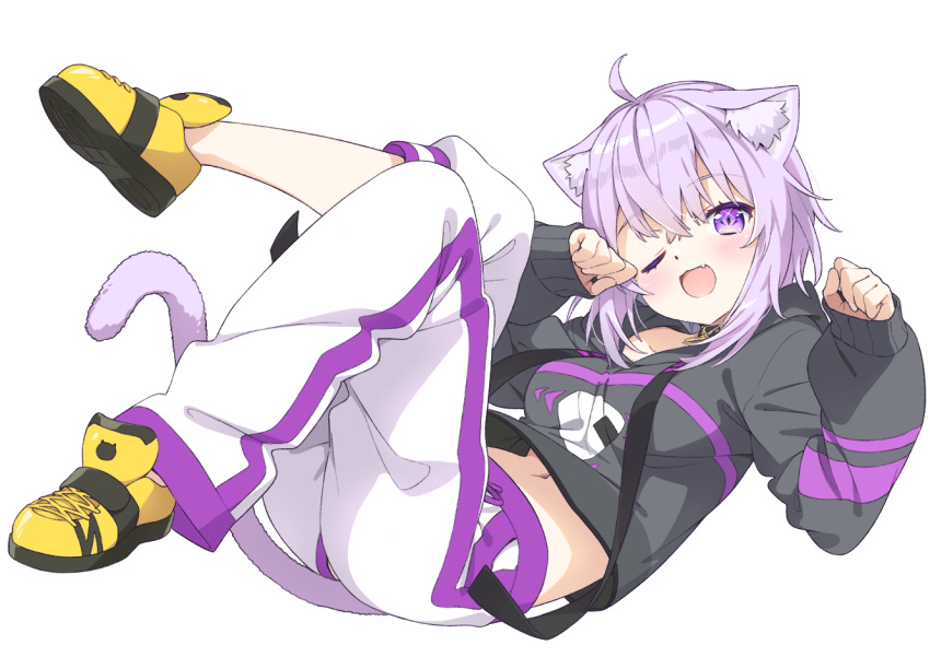 1girl animal_collar animal_ears black_hoodie breasts cat_ears cat_girl cat_tail collar fang full_body hololive hood hooded_sweater hoodie kanzaki_hiro medium_breasts navel nekomata_okayu one_eye_closed open_mouth pants purple_eyes purple_hair shoes sleeves_past_wrists smile sneakers solo sweater sweatpants tail virtual_youtuber