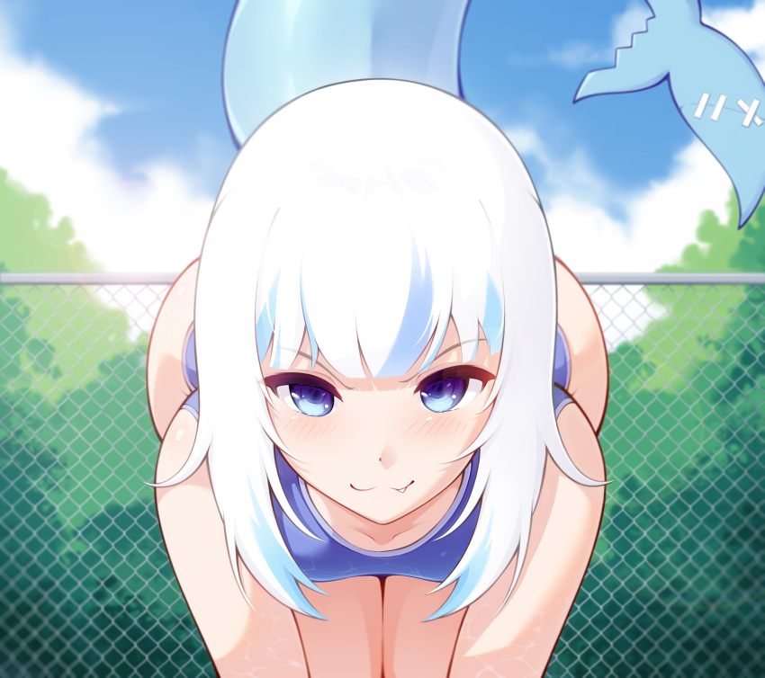 absurd_res animal_humanoid bent_over blush clothing colored female fence fish fish_humanoid gawr_gura hi_res hololive humanoid looking_at_viewer marine marine_humanoid merrytail one-piece_swimsuit outside shark_humanoid solo swimwear virtual_youtuber