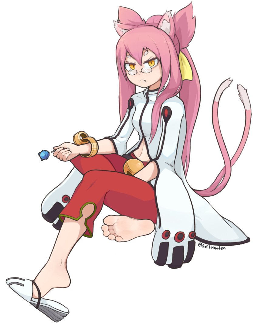 1girl animal_ear_fluff animal_ears bangs barefoot blazblue bracelet candy cat_ears cat_girl eyelashes fang feet food frown glasses grey_jacket hair_between_eyes hair_over_shoulder hair_ribbon highres holding invisible_chair jacket jewelry kokonoe_(blazblue) lollipop long_hair navel orange_eyes pants pink_hair ponytail red_pants ribbon shadow shiny shiny_hair shoe_dangle short_eyebrows sidelocks sitting softhanten soles solo thick_eyebrows toes twitter_username two_side_up white_background