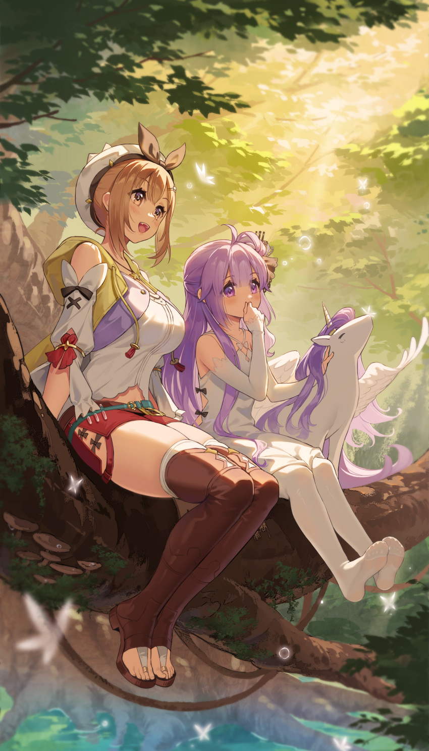 2girls absurdres atelier_(series) atelier_ryza atelier_ryza_1 azur_lane branch bridal_legwear brown_footwear crossover day feet forest full_body highres legs long_hair majiang multiple_girls nature no_shoes reisalin_stout sitting soles stuffed_winged_unicorn thighhighs toeless_footwear toes tree unicorn_(azur_lane) white_thighhighs winged_unicorn