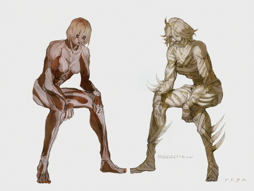 2girls arm_rest barbariccia barefoot blue_eyes closed_mouth comparison crossover exposed_muscle female_titan final_fantasy final_fantasy_xiv full_body hair_between_eyes leaning_forward looking_at_viewer medium_hair multiple_girls nude q6q6tikin shingeki_no_kyojin simple_background sitting spikes titan_(shingeki_no_kyojin) twitter_username white_background