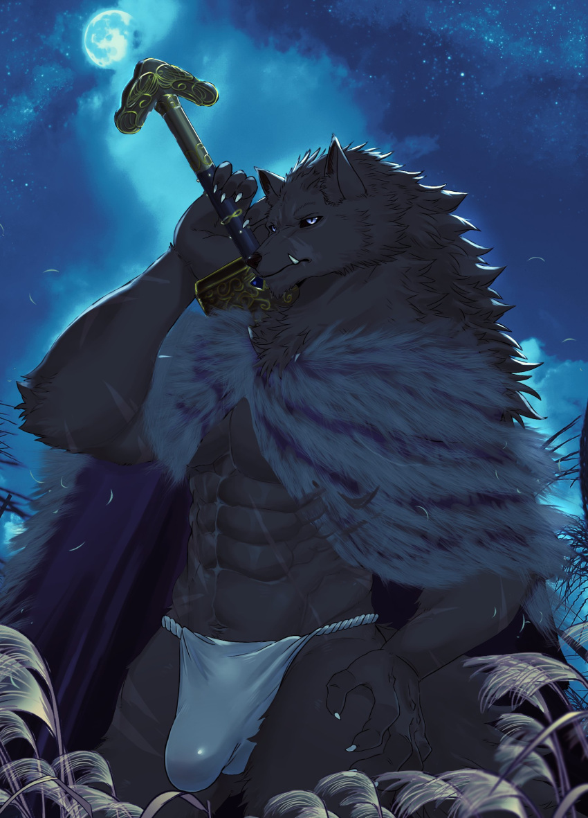 absurd_res anthro asian_clothing black_sclera blaidd_(elden_ring) canid canine canis cape claws clothing drakonika123 east_asian_clothing elden_ring fangs fromsoftware fundoshi hand_on_hip hi_res japanese_clothing male mammal melee_weapon muscular muscular_male solo sword underwear video_games weapon wolf