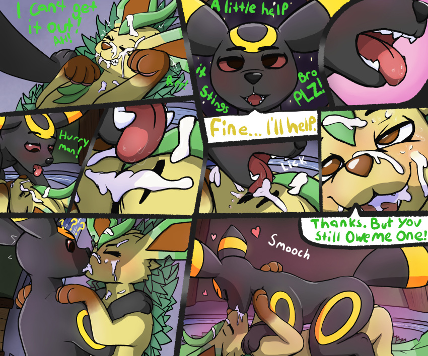 &lt;3 6:5 absurd_res blush bodily_fluids close-up comic cum cum_in_eye cum_in_mouth cum_inside cum_kiss cum_on_face dialogue drinking drinking_cum duo eeveelution fangs feral generation_2_pokemon generation_4_pokemon genital_fluids hi_res kissing laserkitten leaf leafeon licking_cum making_out male male/male nintendo pokemon pokemon_(species) surprised_expression umbreon video_games