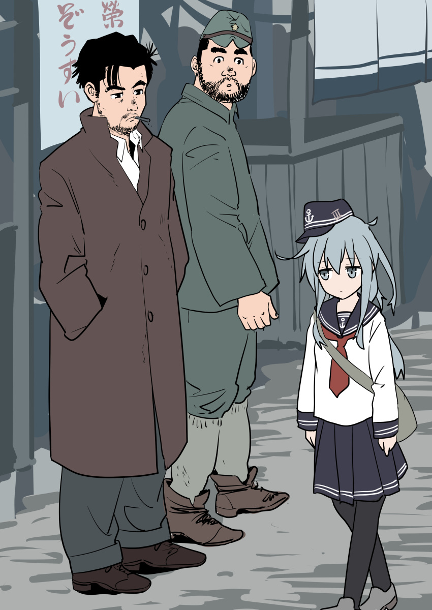 1girl 2boys absurdres anchor_symbol bag blue_hair blue_skirt buttons commentary_request double-breasted expressionless haida_katsuretsu hands_in_pockets hat height_difference hibiki_(kancolle) highres imperial_japanese_army kantai_collection long_sleeves messenger_bag multiple_boys sailor_hat school_uniform shirt shoulder_bag sketch skirt white_shirt