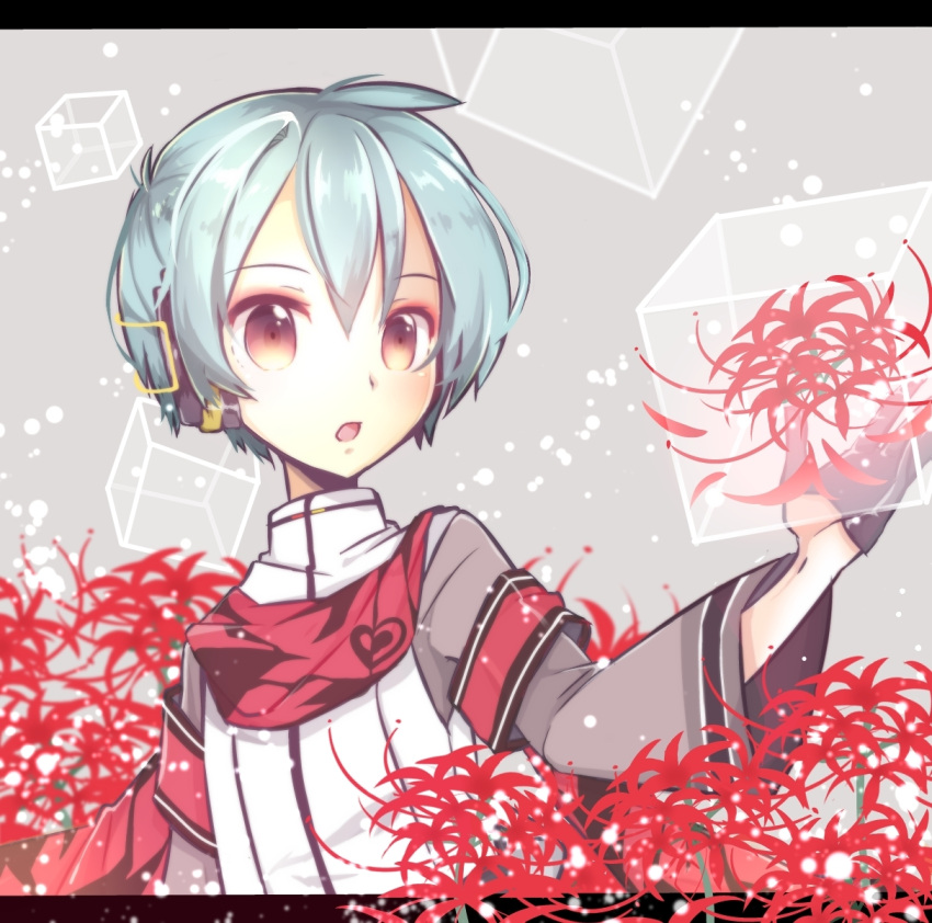 1boy bangs blue_hair blush brown_eyes chuuko_anpu cube flower general_(module) gloves half_gloves headphones high_collar highres holding holding_flower kaito_(vocaloid) long_sleeves male_focus open_mouth red_armband scarf short_hair solo spider_lily unhappy_refrain_(vocaloid) vocaloid