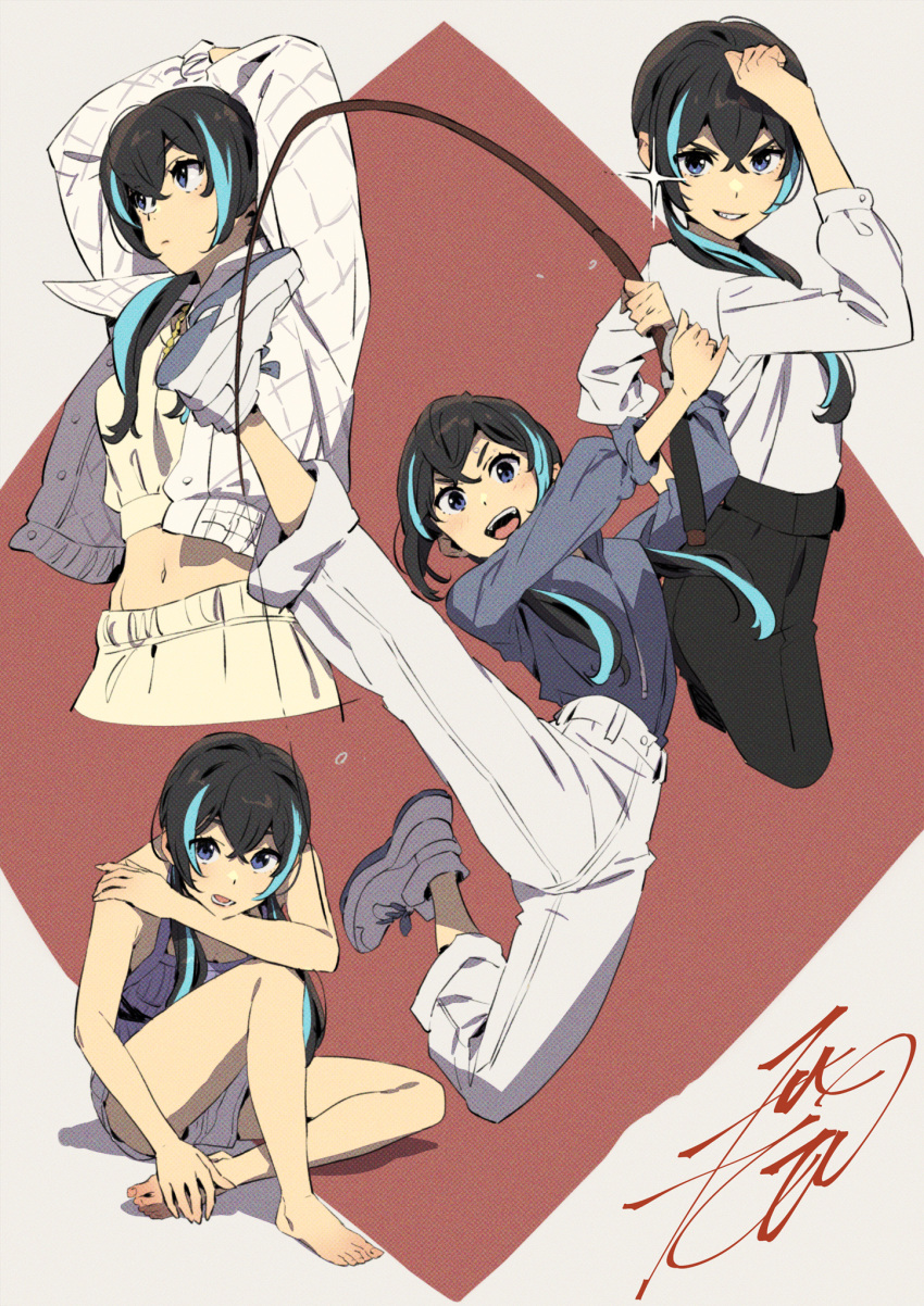 1girl aqua_hair arm_over_head barefoot black_hair blue_eyes camisole fishing grin hayasaka_sui highres jacket jewelry kobayashi_gen looking_at_viewer multicolored_hair navel necklace open_mouth pants pants_rolled_up school_girl_strikers shoes shorts sitting sleeves_rolled_up smile sneakers sparkle