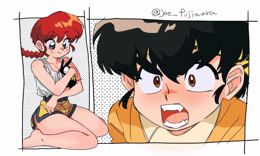 1girl bandana barefoot black_hair blush braid braided_ponytail fangs hibiki_ryouga highres joe_fujiwara open_mouth ranma-chan ranma_1/2 red_hair shorts smile yellow_bandana