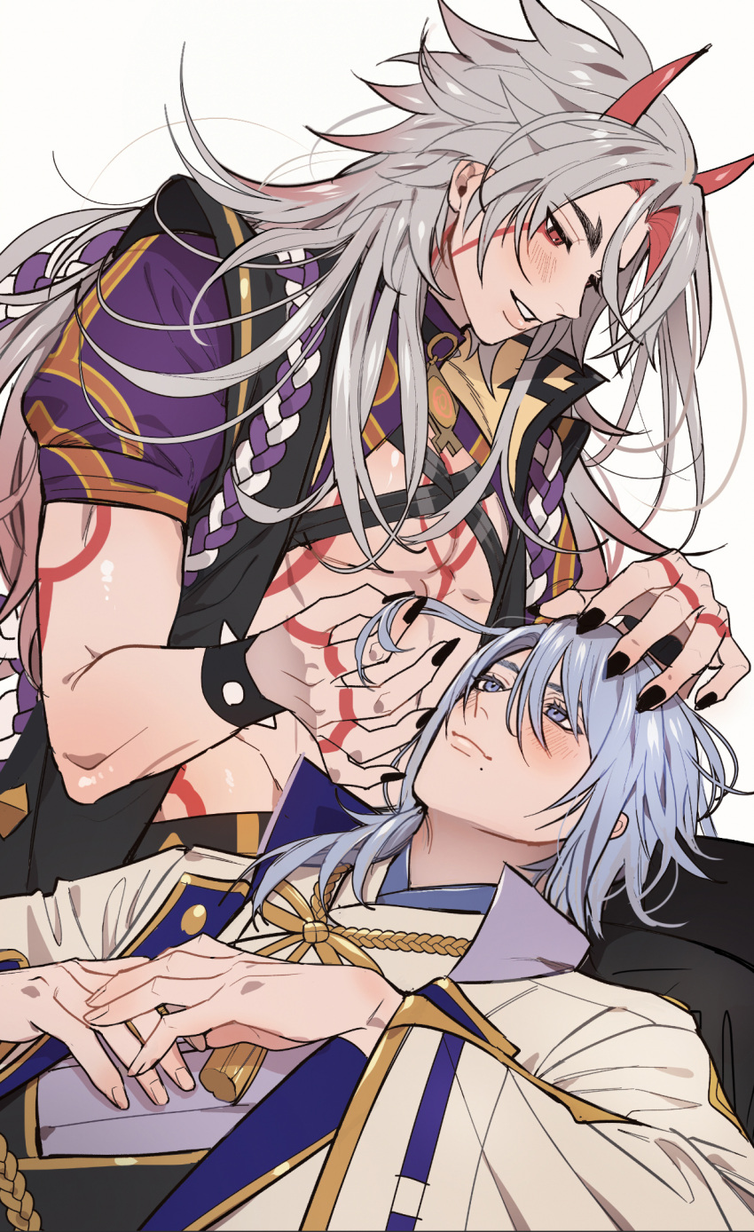 2boys arataki_itto bangs bishounen black_choker black_coat black_nails black_pants blue_hair blush bodypaint bracelet chest_harness choker closed_mouth coat commentary_request crop_top eye_contact eyelashes facepaint fingernails genshin_impact gold_trim gradient_hair grey_hair hair_between_eyes hair_over_shoulder harness highres holding holding_hair horns ittotyancute jacket japanese_clothes jewelry kamisato_ayato kimono lap_pillow lapels long_hair long_sleeves looking_at_another looking_down lying male_focus mole mole_under_mouth multicolored_hair multiple_boys nail_polish o-ring o-ring_choker on_back oni_horns open_clothes open_coat open_jacket pants parted_bangs parted_lips purple_eyes red_eyes red_hair red_horns rope short_sleeves sidelocks simple_background sitting sleeveless sleeveless_coat smile spiked_bracelet spiked_choker spikes tassel thick_eyebrows vision_(genshin_impact) white_background white_jacket wide_sleeves yaoi