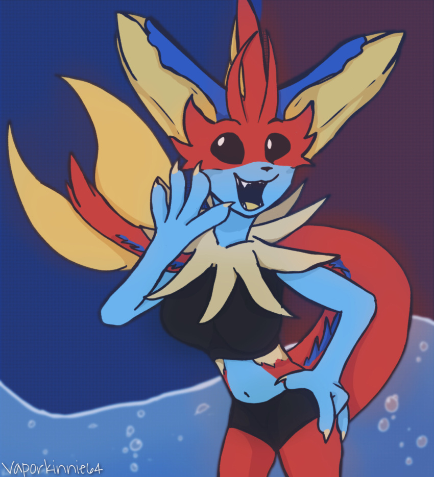 4_fingers anthro blaziken blue_body breasts clothed clothing cute_expression eeveelution fakemon fan_character female fingers fur fusion generation_1_pokemon generation_3_pokemon hi_res ibispaintx mask nintendo pok&eacute;mon_fusion pokemon pokemon_(species) red_body shaded simple_background simple_coloring simple_shading smile solo toony vaporeon vaporkinnie vaporkinnie64 video_games water yellow_body yellow_fur