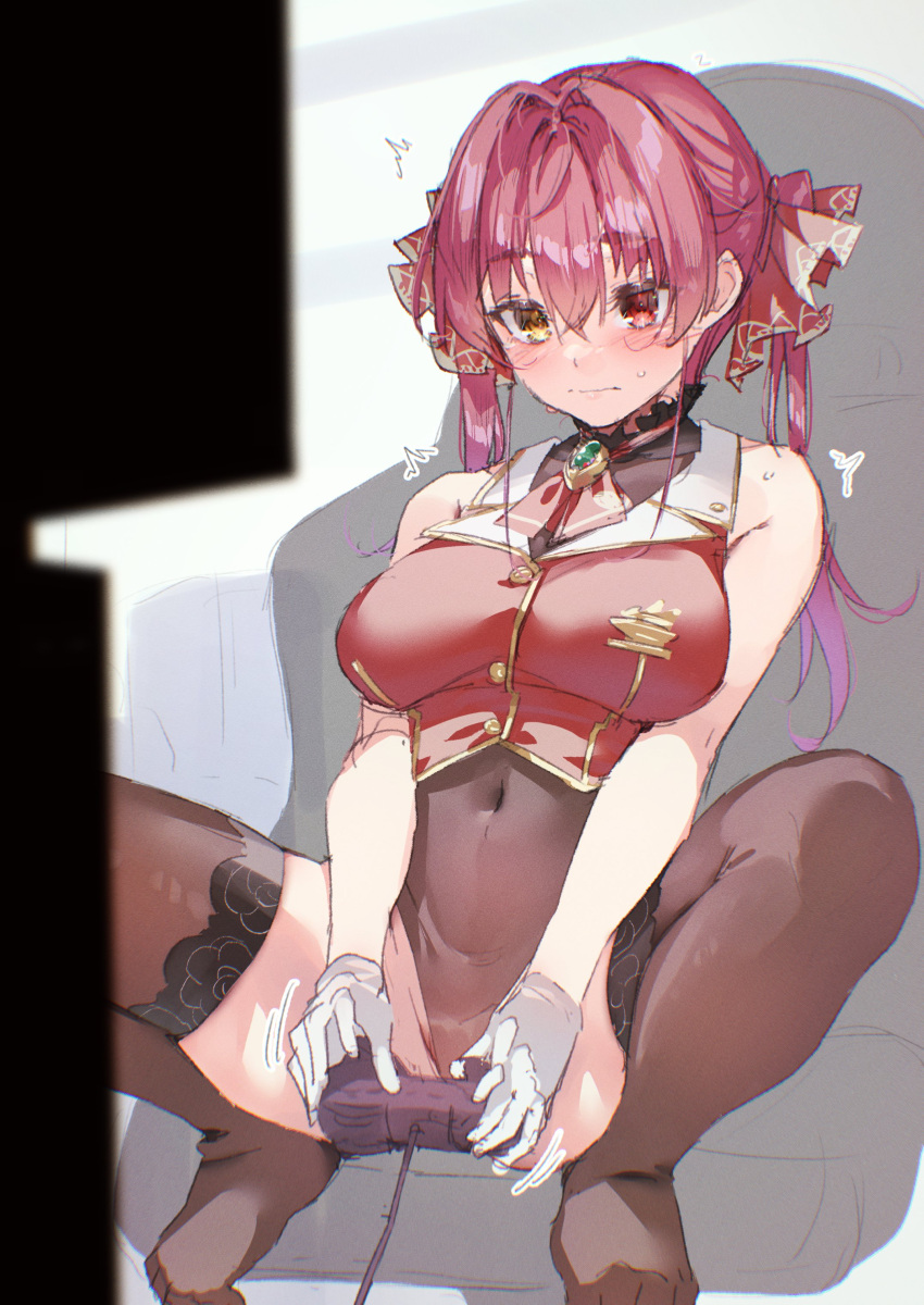1girl absurdres bangs blush breasts brown_leotard brown_thighhighs closed_mouth controller game_controller gloves hair_between_eyes hair_ribbon heterochromia highres holding holding_controller holding_game_controller hololive houshou_marine jacket koubou_(cowbow_kun) large_breasts leotard leotard_under_clothes long_hair looking_away no_shoes red_eyes red_hair red_jacket red_ribbon ribbon sleeveless sleeveless_jacket solo spread_legs squatting thighhighs twintails virtual_youtuber white_gloves yellow_eyes