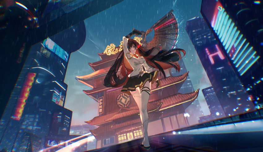 1girl architecture arm_up black_footwear black_hair black_skirt breasts brown_eyes building chinese_text east_asian_architecture floating_hair folding_fan full_body hand_fan highres holding holding_weapon large_breasts lin_(tower_of_fantasy) lips long_hair looking_at_viewer necktie neon_lights night outdoors pleated_skirt red_necktie rokku scenery shirt skirt skyscraper solo standing thighhighs tower_of_fantasy very_long_hair weapon white_shirt white_thighhighs